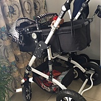 可坐可躺，配有凉席，蚊帐雨棚。避震效果好，高景观，推着宝贝上街不会有尾气。 九成新。看看轮胎就知道...