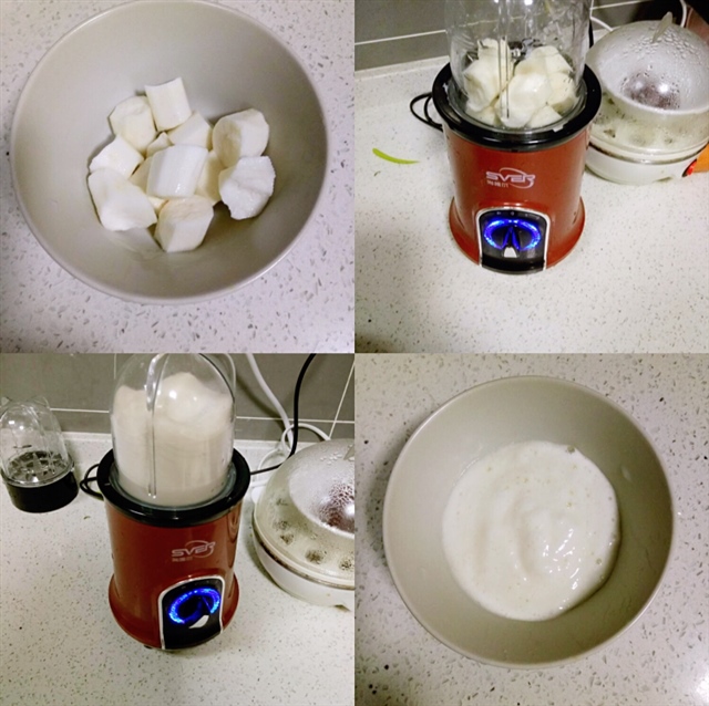 2、第二步处理材料。山药去皮，加糖打泥。红枣去皮、去核，切丁。也可以和山药一起打成泥