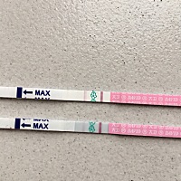 上面排卵试纸是昨天的下面是刚测的淡了好多看来怀孕希望打破了还是等大姨妈来吧