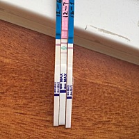 上个月11月5号来的例假，这个月到现在没来，今天测了一下排卵试纸，颜色居然渐渐强阳了，蓝色是早孕试纸...