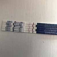 大家帮看下这试纸的颜色是加深了吗？第一个是七号的最后一个是刚才早上测的。