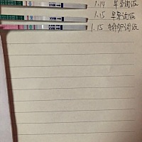 测了三天感觉没有加深，老公说我骗他哈哈 前面是这三天的w最后一个是排卵试纸，两条杠