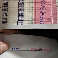 22号排卵试纸开始出现两条杠一样红的强阳，23号出现左边杠比右边还红的强阳，今天24号回到两条杠一样红...