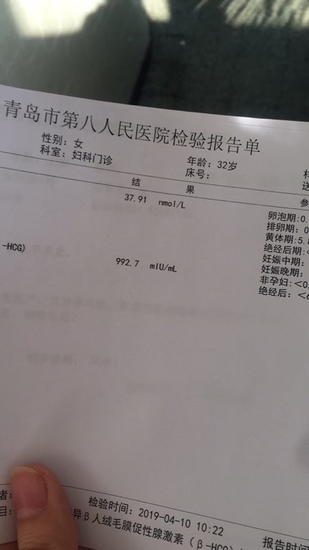 末次月经第一天是2.26号，周期是33天，四月1号试纸显示两条杠，非常浅，后面几天颜色有变深，但是没有很深，算孕期的话是不是到今天4.10号已经6周了？8号检查血，孕酮47.51，hcg750多，过了两天就是今天4.10号，孕酮下降了，成了37.91，hcg是992多，长了一点点，还没有做B超确定宫内还是宫外孕。期间开始时有一点腰酸，还有点浅粉色分泌物，过几天有一次褐色分泌物，然后就没有这些有颜色的分泌物了。现在没有腹痛也没有出血，但是孕酮下降了一些，hcg增加很慢，是不是宫外孕？这个时间去做B超能看到孕囊吗，用来确定宫内还是宫外。如果是宫内，是不是需要吃孕酮片，黄体酮胶囊这些保胎，如果是宫外，是不是需要终止妊娠，写的太多了，麻烦帮忙回答下，数据是不是有问题，谢谢。