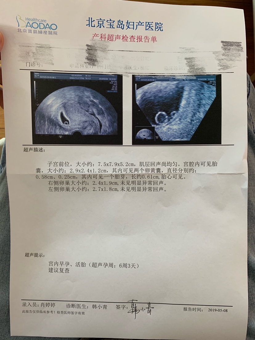 3.11末次月经～4.29第一次照B超提示：可见卵黄囊，未见胎芽胎心，医生说两周后「5.13」再去查，结果5.8凌晨四点多起来上厕所发现褐色分泌物，我就慌了，赶紧拽着老公去医院了，结果喜忧参半……大家帮我看看