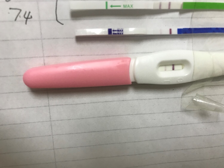 姐姐妹妹们，帮我看一下，第一个是排卵试纸，第二个和三个测孕纸和测孕棒棒，上个月2号来的例假，今天4号了，这是怀孕了吗？，