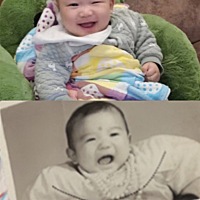 下面黑白是宝宝的爸爸(=^▽^=) 上面彩色是我家的宝宝😊 都是一百天😂😂
