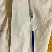 还有两天来例假，这是早上测的，测完三四分钟还是一条有点失望，就丢一边了，下午我又看了看有一条浅浅...