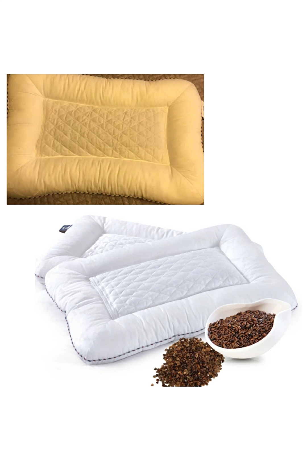 荞麦枕：用的是荞麦壳做枕芯，荞麦壳重量轻，作为枕芯可随着头部移动改变形状，预防颈椎病有一定作用，可以清热祛火。但是荞麦枕不能清洗，容易滋生细菌，而且如果加工不当，里面残留的荞麦粉粒会受潮发霉、生虫等，不适合宝宝使用哦～