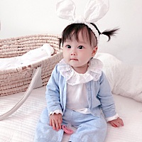 今天天气不错 给宝宝拍了一组可爱的照片 白色的蕾丝小T恤配蓝色针织衫太好看了吧 整个色调都清晰明亮 原...