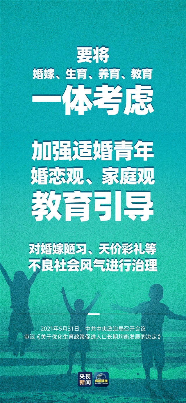 中共中央政治局（5月31日）召开会议，审议《关于优化生育政策促进人口长期均衡发展的决定》。会议指出，进一步优化生育政策，实施一对夫妻可以生育三个子女政策及配套支持措施，有利于改善我国人口结构、落实积极应对人口老龄化国家战略、保持我国人力资源禀赋优势。

大家会考虑三胎吗？